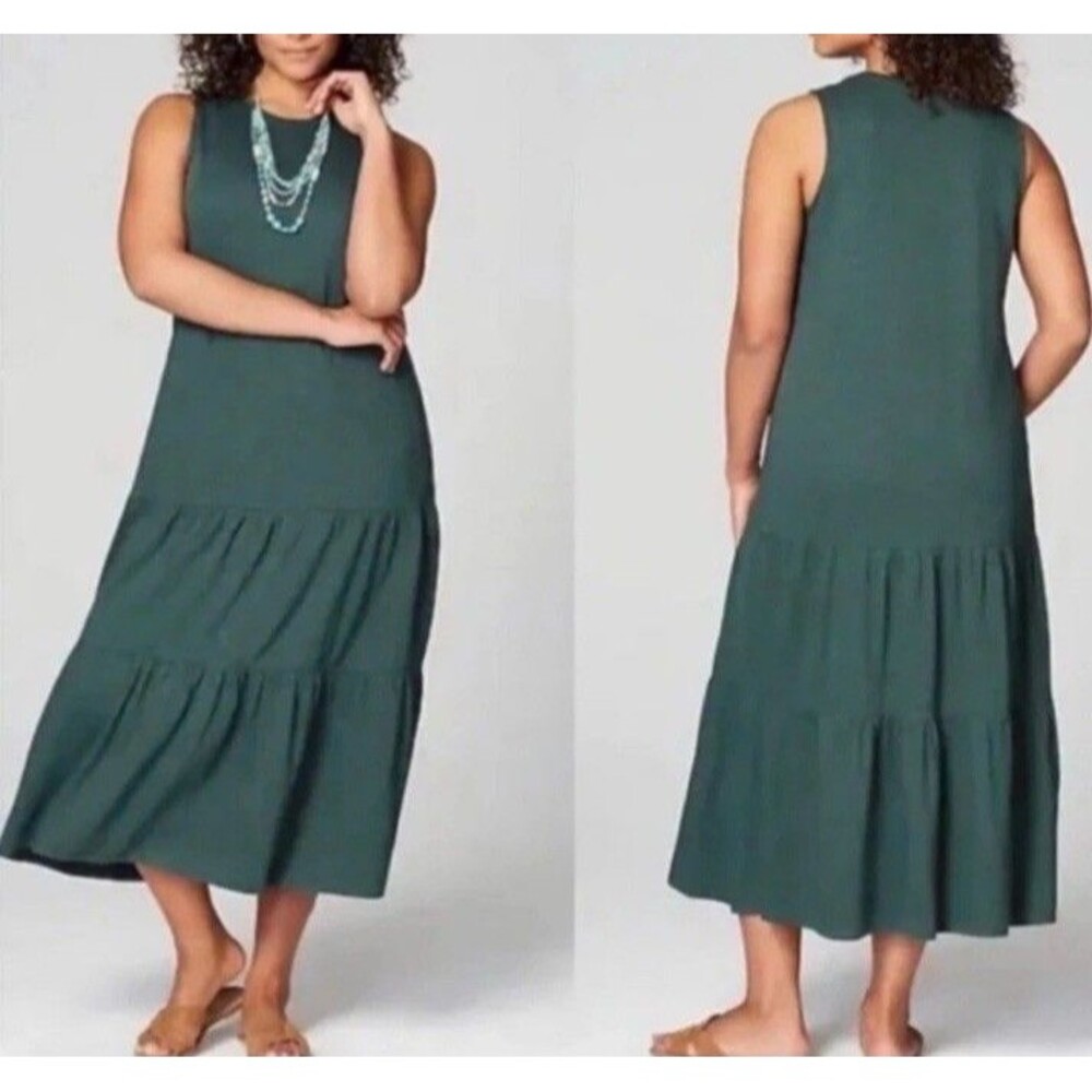 J Jill Sleeveless Tiered Maxi Dress Sage Green Knit Drop Waist Small Petite Soft
